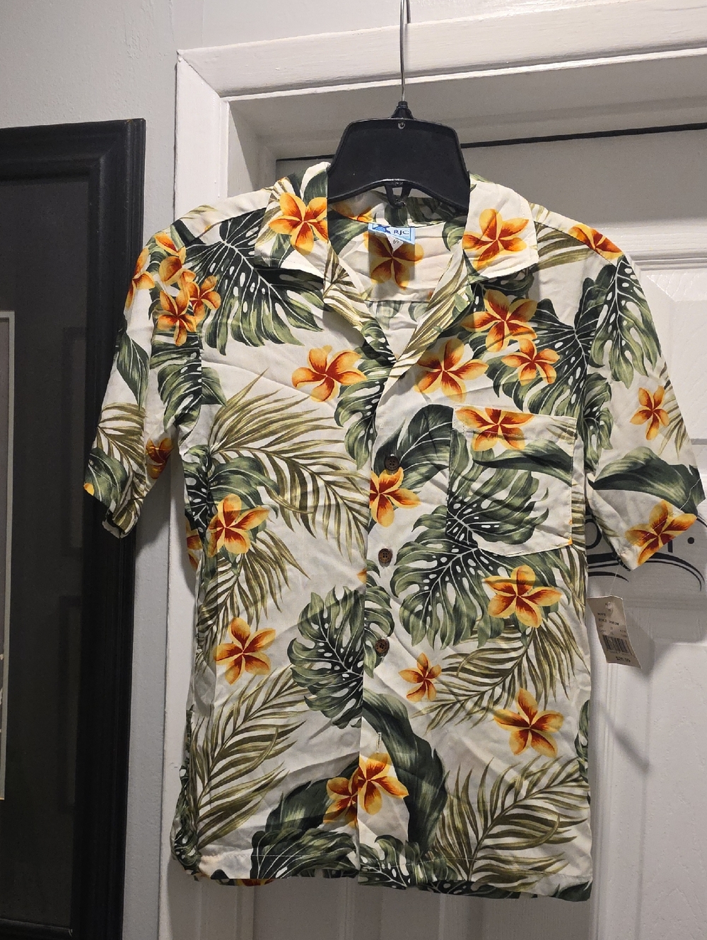 Kids Tropical Button-Down Shirt in White with Green & Yellow Floral Print